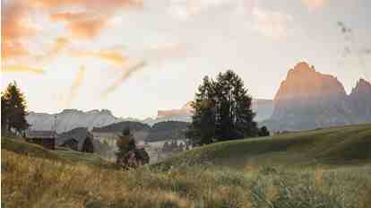 Alpine meadows on the Seiser Alm at sunset; in the background, the distinctive mountain scenery of the Dolomites.